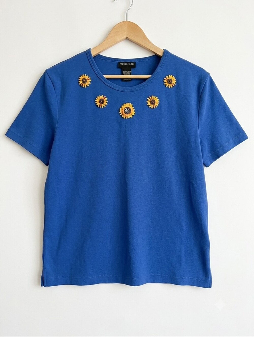 Vintage Morgan Cole Beaded Embroidered Sunflower Tee Knit TopXL Blue